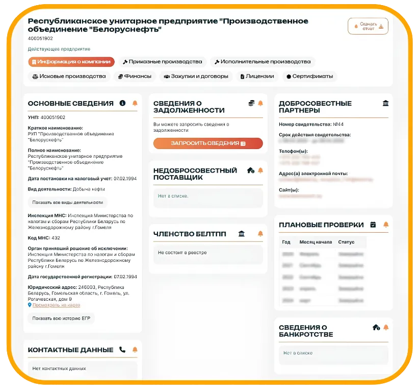 Пример отчёта Dazor: проверка по реквизитам — УНП, наименование, адрес